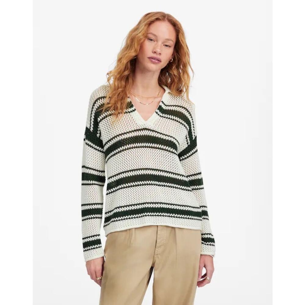$98 Madewell Open-Stitch Johnny Collar Sweater - XS - Green Stripe
